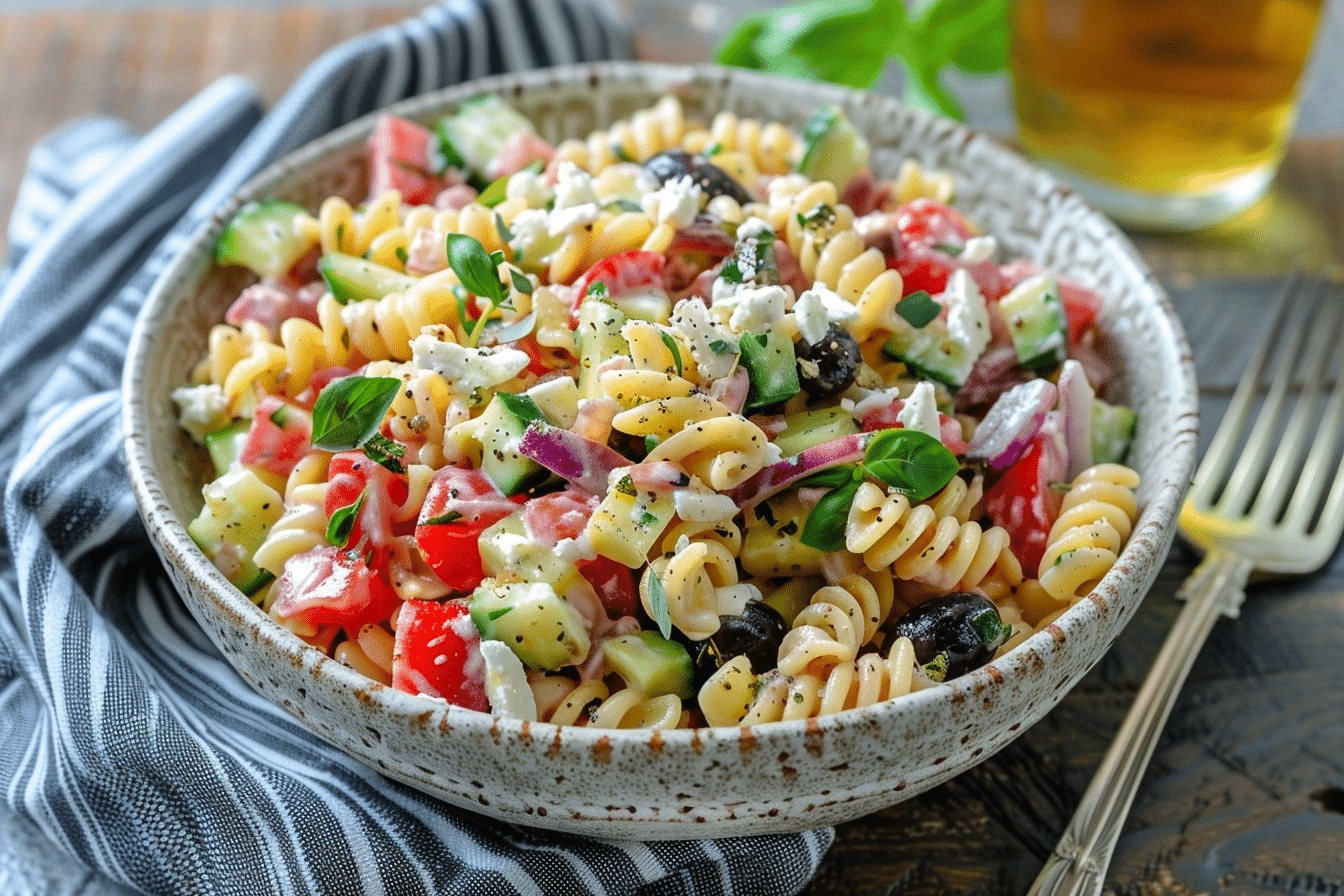 Tangy Mediterranean Pasta Salad with Tuna & Za'atar and Feta
