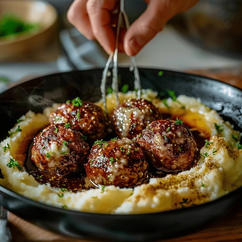 Salisbury Steak Meatballs with Garlic Herb Mashed Potatoes 2 image 1784234975539